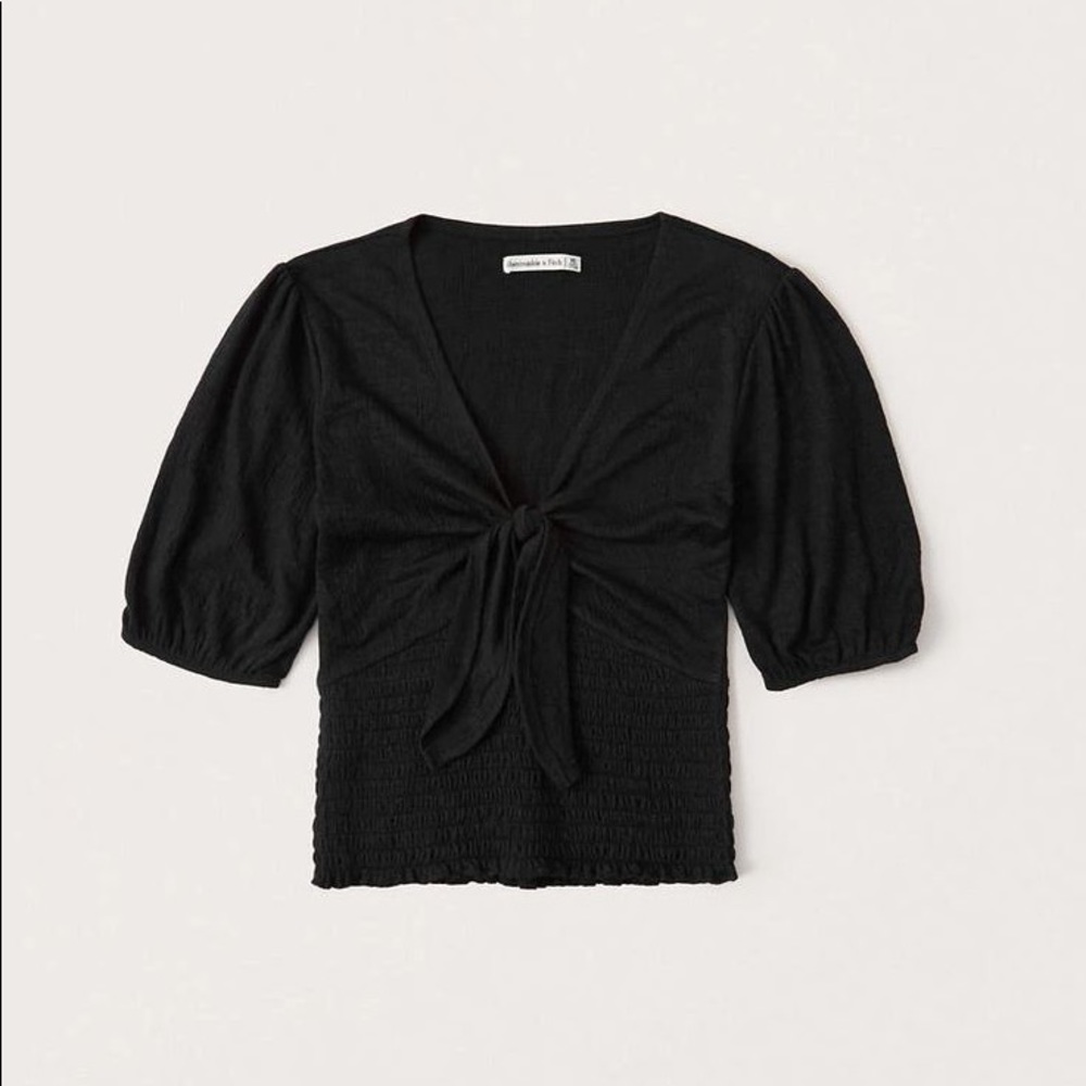 Black Short-Sleeve Smocked Tie-Front Top
